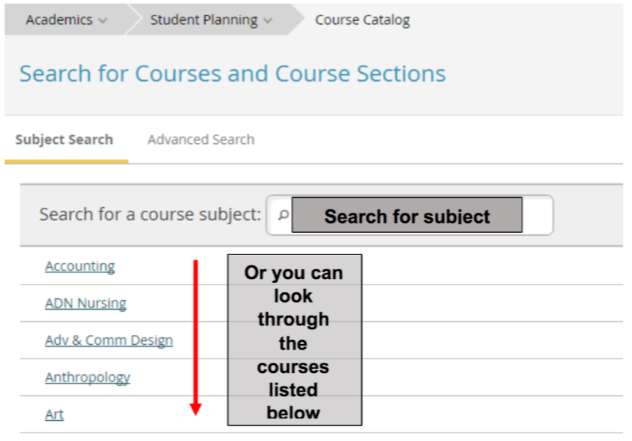 Search for Subject or you can look through the courses listed below illustration