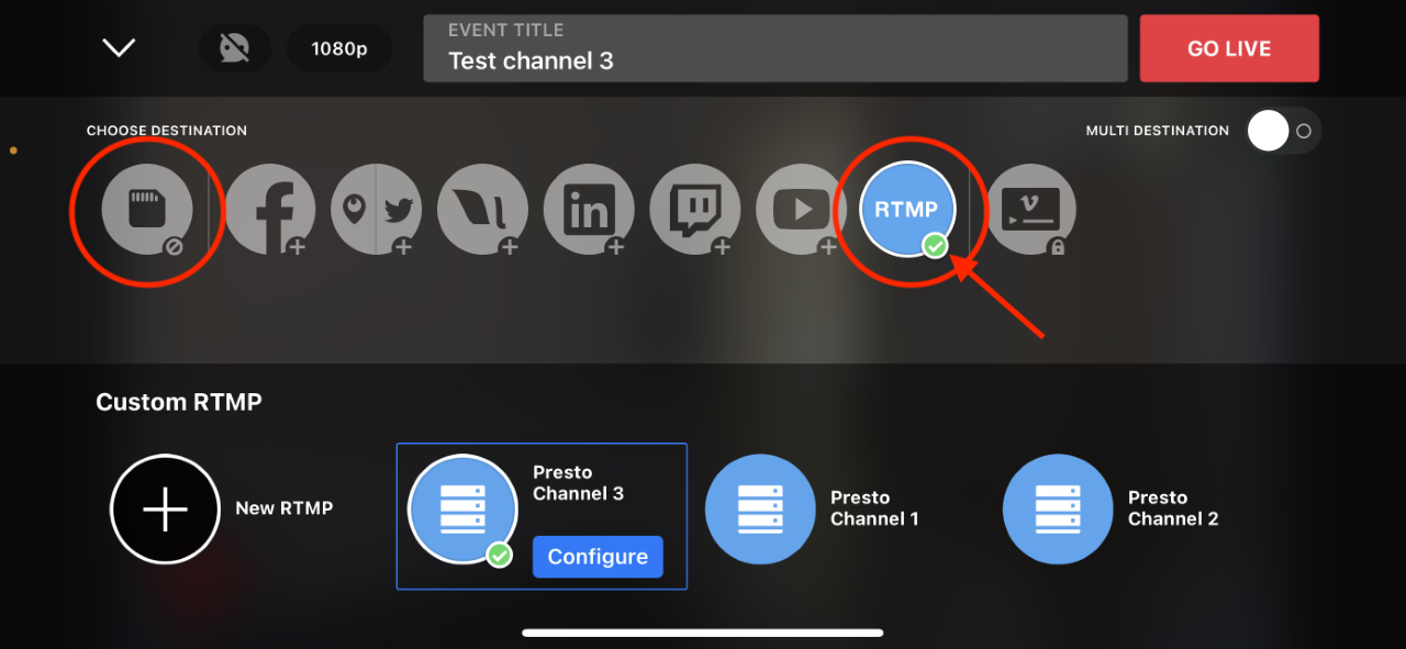 Mevo Stream interface