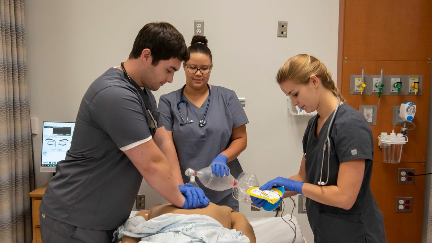 Students in health sciences building