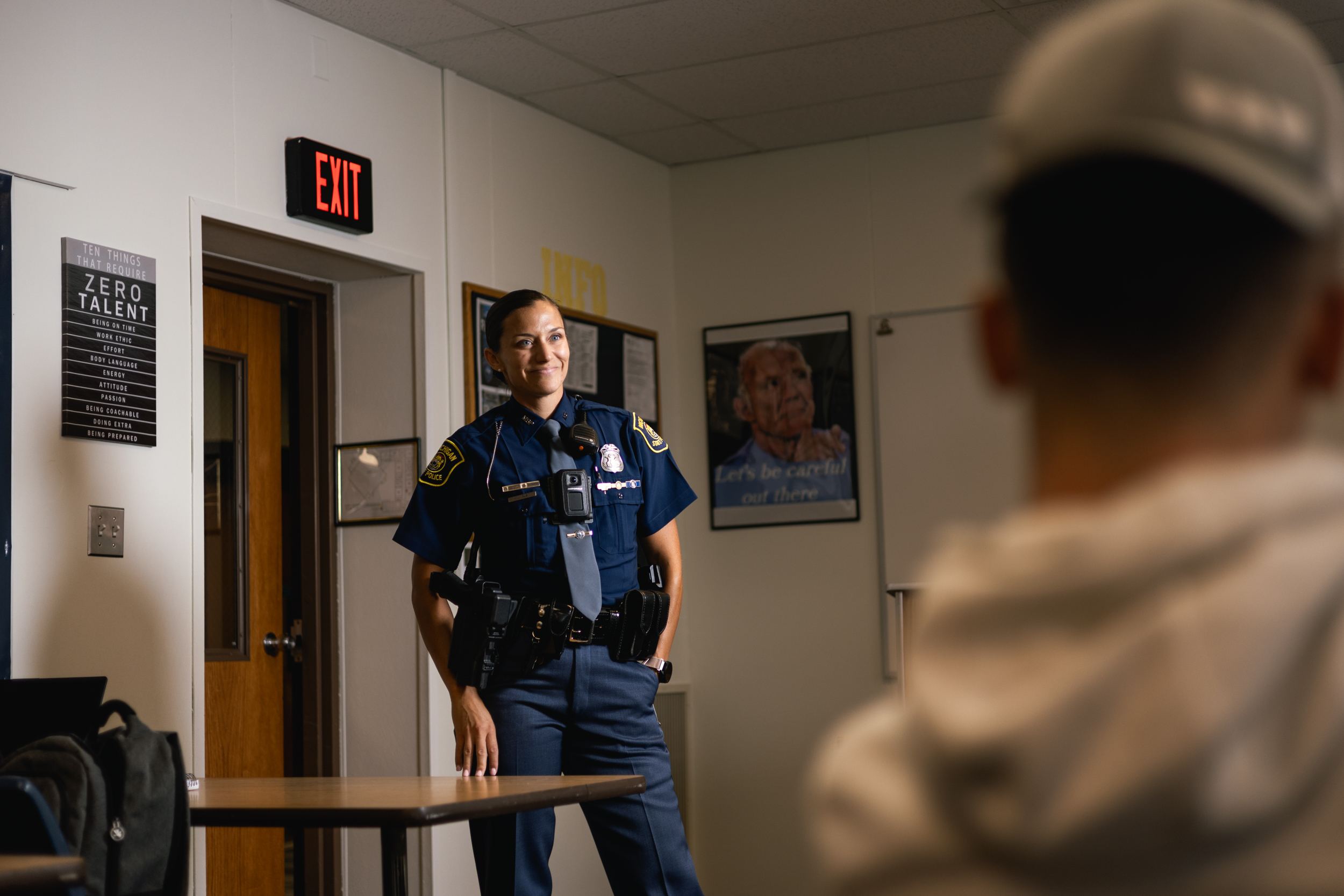 Police officer in class with students 